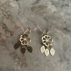 Gold Floral Dangle Earrings with Leaf Charms